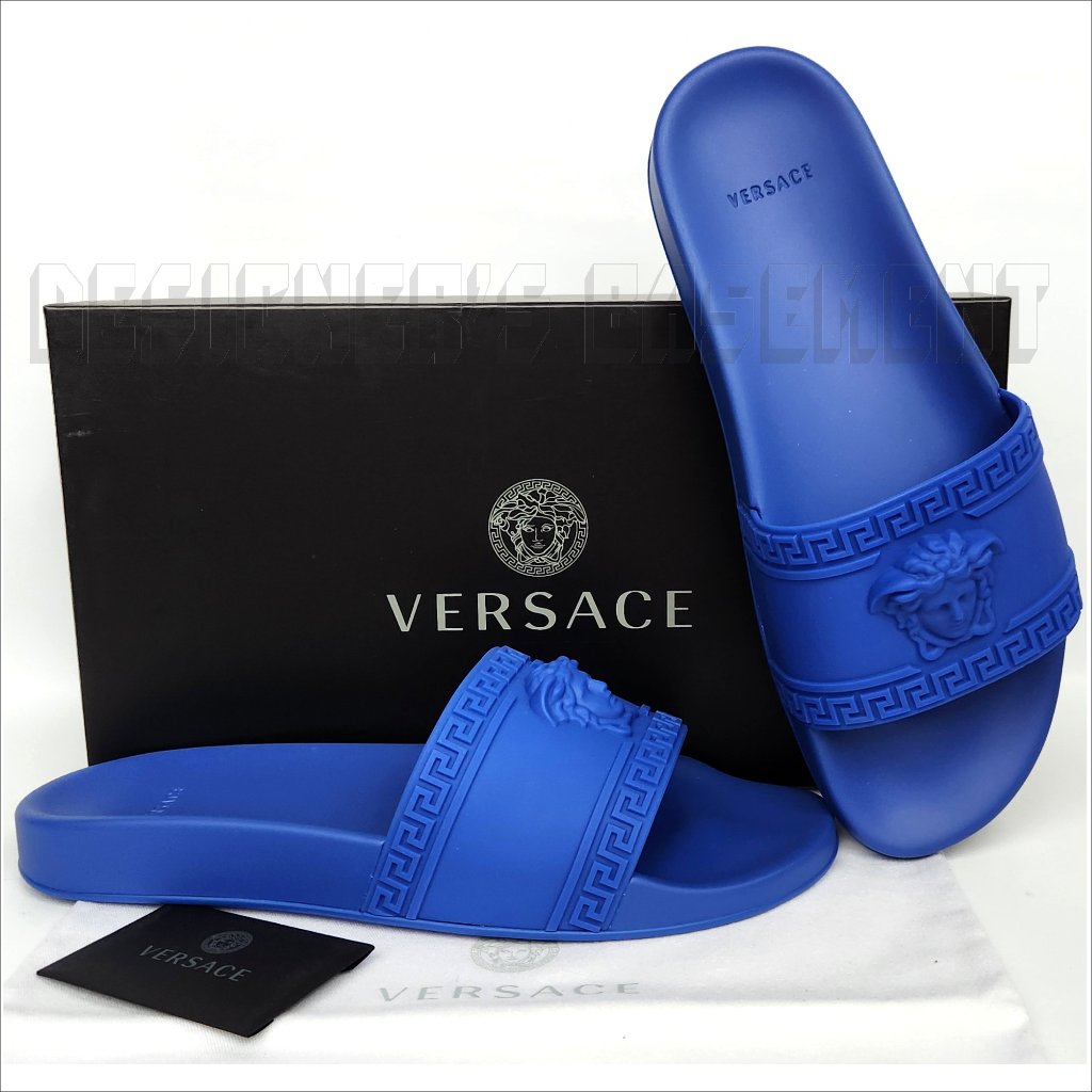 Versace Men 42 Eu - 9 Us Royal Blue Rubber Medusa Head Flip-Flop Slide Sandals